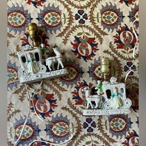Pair of adorable vintage Japanese ceramic horse  and carriage lamps